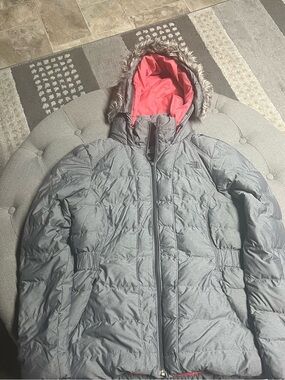 The North Face Women's Gray Puffer Coat with Pink Hood Lining